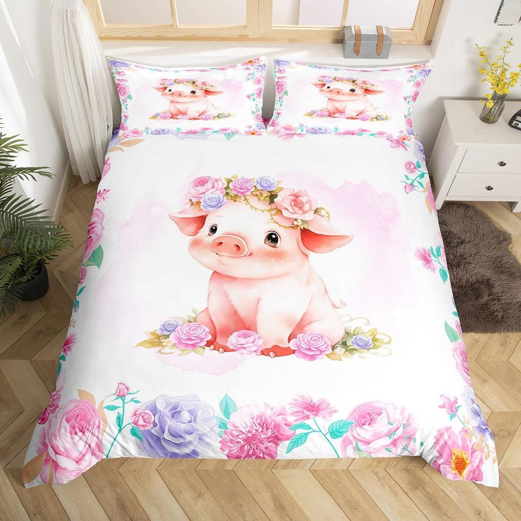Pink Pig Bedding Set King Queen Sleeping Pig Duvet Cover For Kids Boys Girls Kawaii Animals Comforter Cover With 2 Pillowcases