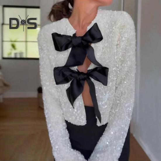 Women Sequin Jacket Big Bow Decor Loose Round Neck Long Sleeves Solid Color Cardigan Coat Short Type Outerwear for Dating Commuting Club Party