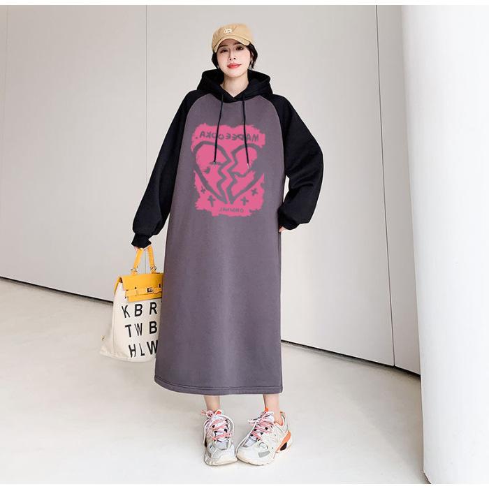 Large size casual sports thin hooded sweater women's early autumn women's clothing fat mm belly cover and thin age reduction straight dress