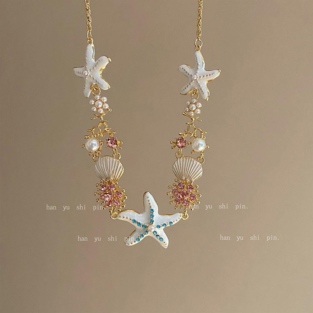 Fashion Marine Jewelry Starfish Pendant Necklace Shell Pearls Bracelet Alloy Texture Suitable for Women Beach Outfits