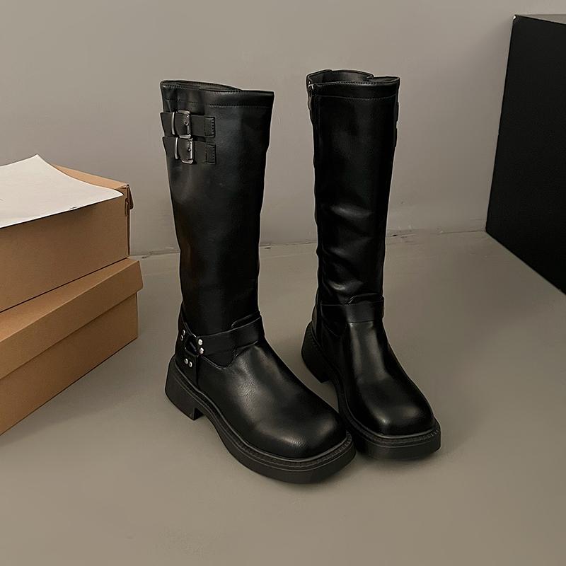 2024 Новые зимние джинсовые сапоги женские ретро коричневые с пряжкой на ремне круглые высокие сапоги длиной до колена