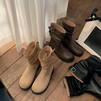 Коровья кожа~ Ретро круглая пряжка для ремня плиссированные сапоги средней высоты на толстом каблуке и толстой подошве рыцарские сапоги короткие сапоги женские