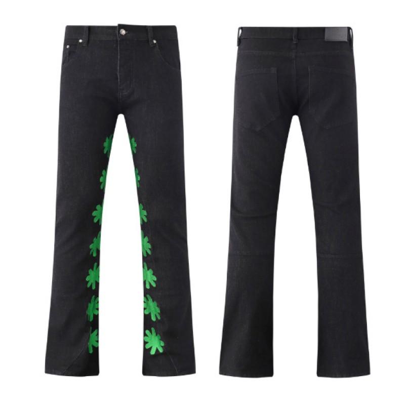 Unisex Streetwear Straight Cut Denim Jeans With Embroidered Patch Vintage Washed Cotton Blend