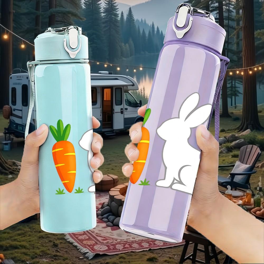 1PC Simple White Bunny Carrot 750ml Color Plastic Sports Water Bottle Leakproof Flip Straw Lid Suitable for Sports Office Home Use