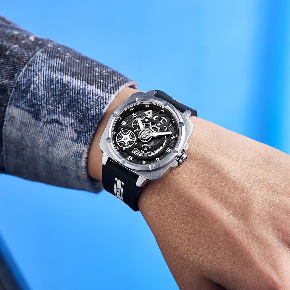 Peak Square Watch Mens Mechanical Style Sports Trendy Outfit Student Workplace Casual Dating Versatile Quartz Movement Silicone Strap YB14133