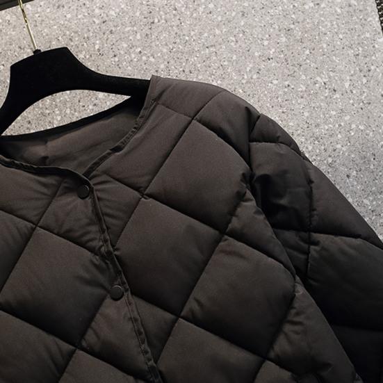 Women Winter Down Coat Rhombus Texture Stitching Thick Padded Pockets Long Sleeves Solid Color Single-breasted Elastic Cuff Lady Jacket