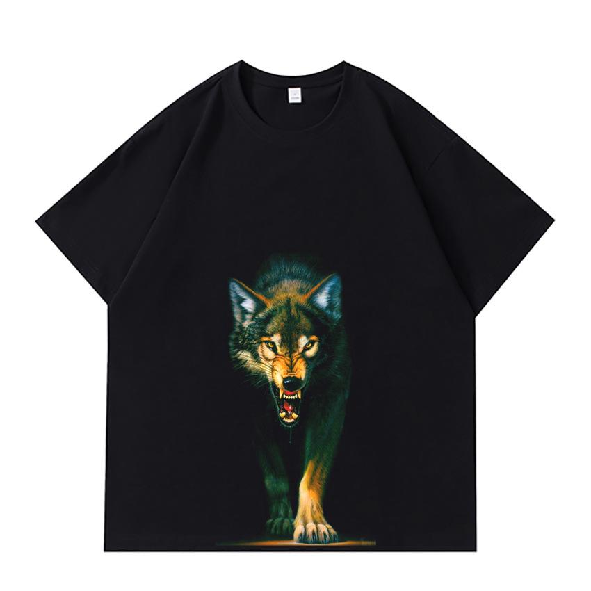 DTG Print Hungry Wolf Series Printed Men's and Women's T-shirts Summer Leisure Versatile High Street Fashion Brand Loose Men's and Women's Tops