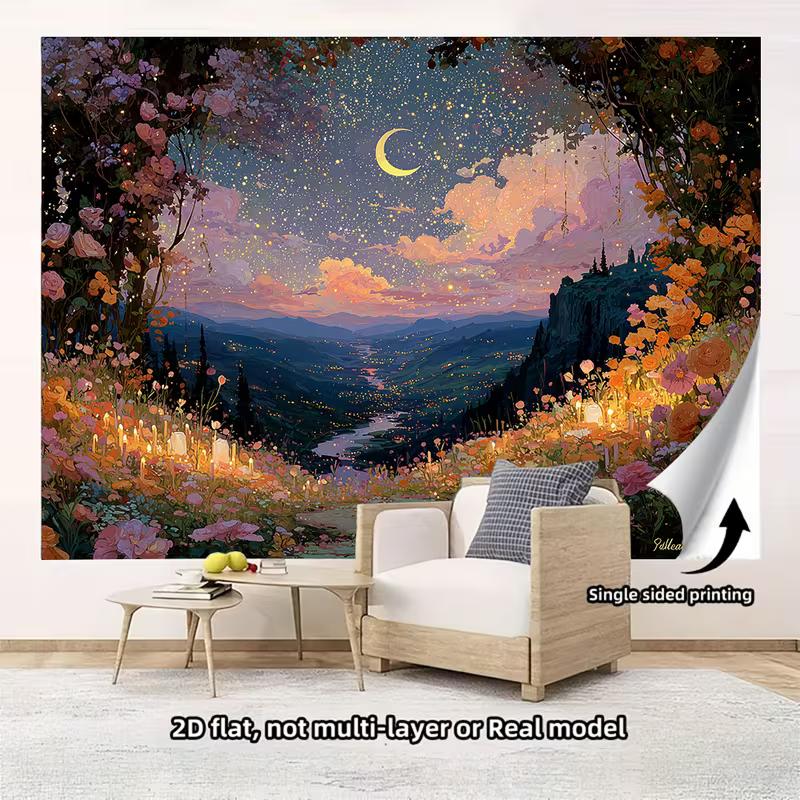 2D Enchanted Floral Night Backdrop, Dreamy Starry Valley & Moonlight Wall Art