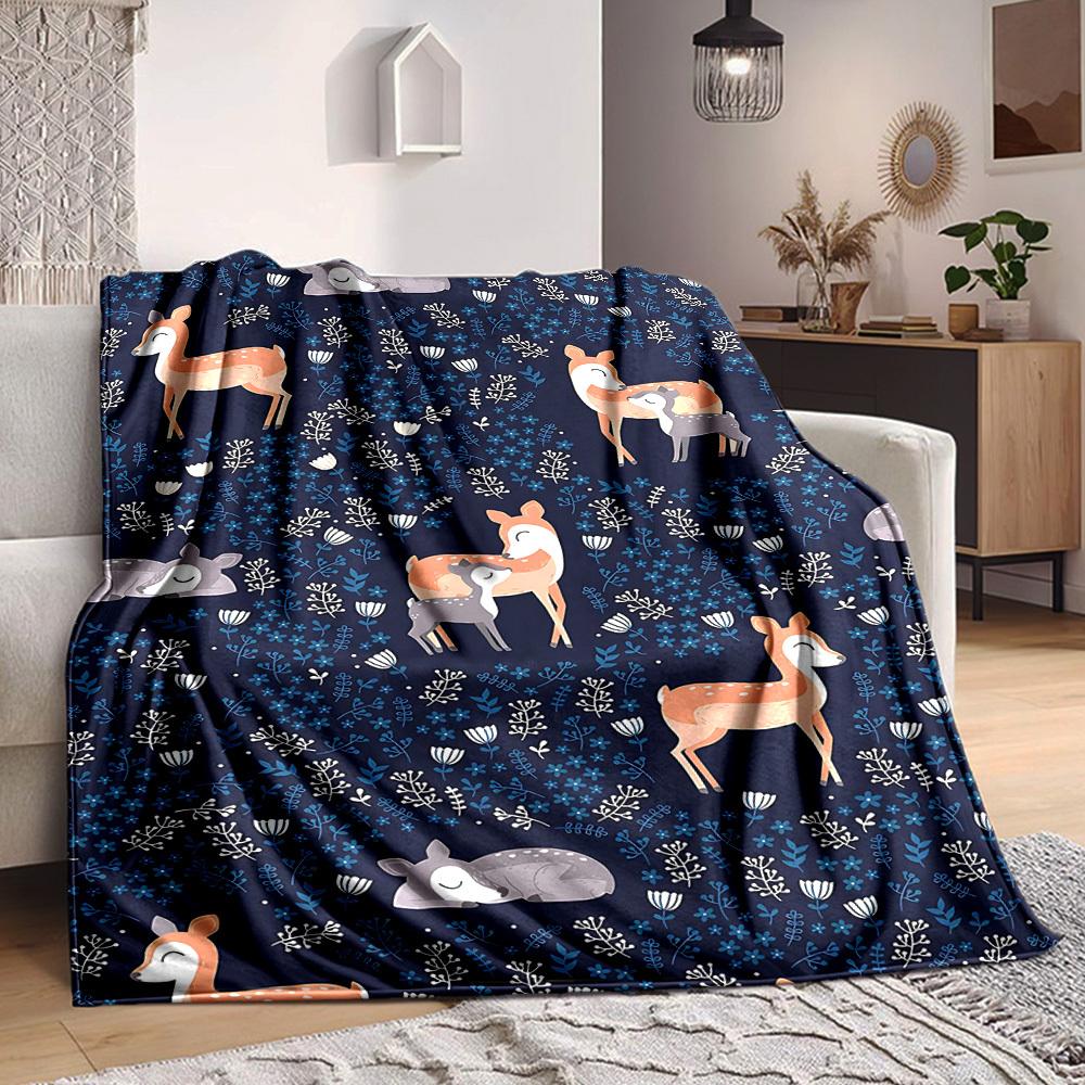 1pc Deer Floral Lightweight Flannel Blanket, Comfortable and Warm Blanket, for Office and Camping Sofa Bed, Livingroom130