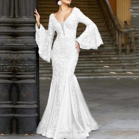 Женское вечернее платье с V-образным вырезом, прозрачной кружевной вышивкой, расклешенными рукавами, бальное платье А-силуэта, подол «рыбий хвост», облегающее коктейльное вечернее платье, выпускной, банкетное платье макси