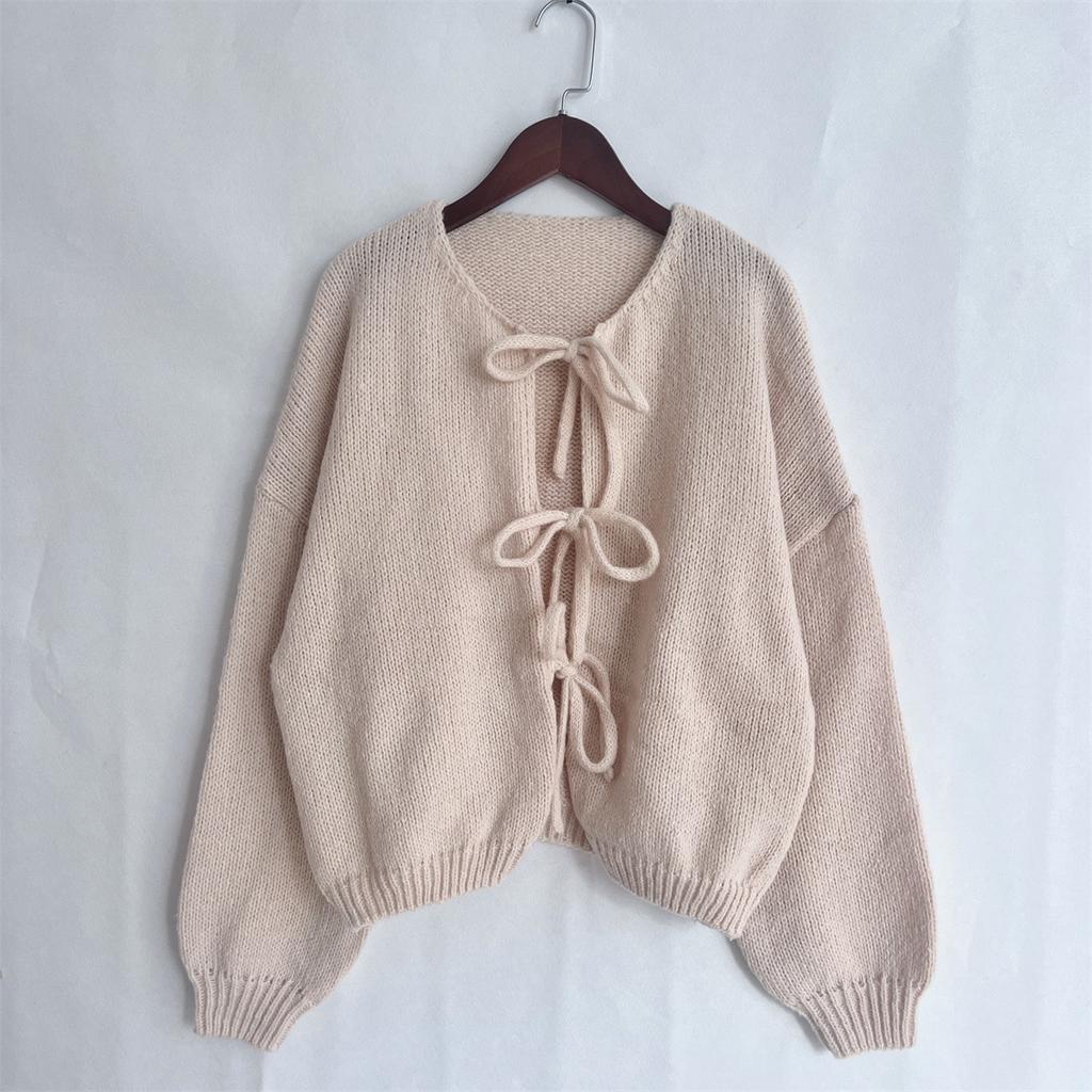 Women's Classic Tie-Front Knit Cardigan - Solid Color Round Neck Sweater Casual Pullover