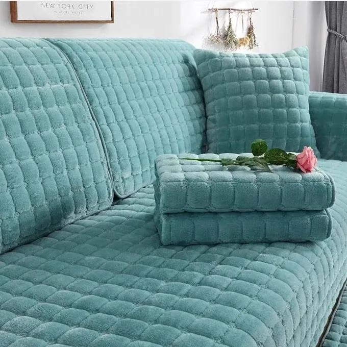 Winter Thick Plaid Plush Sofa Cover Warm Velvet Non-Slip Cushions Living Room Flannel Couch Covers Universal Armrest Back Towel