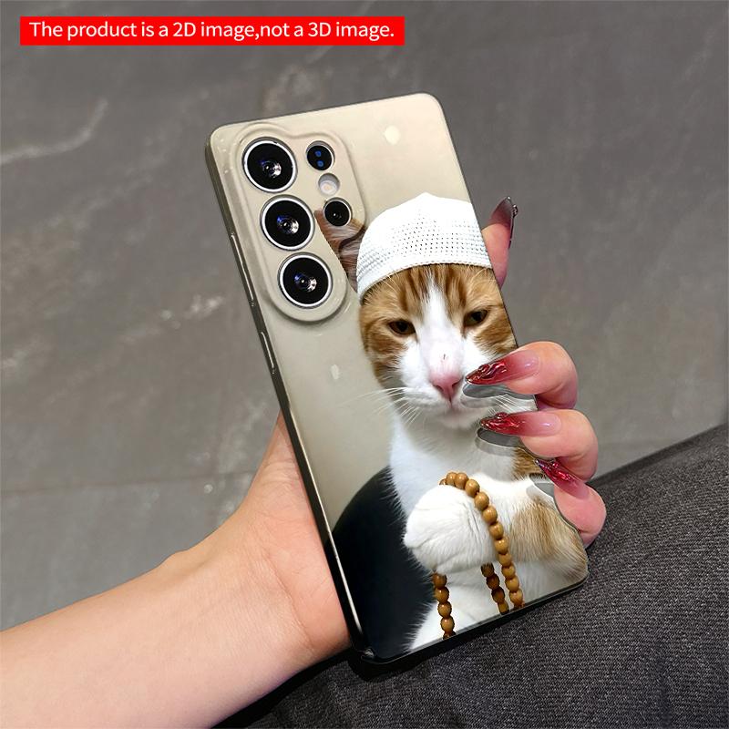 2DFlat Samsung phone case Cat in White Cap Holding Beads Phone Case Applicable to Galaxy S22 S23 S24 S25ULTRA S26 A12 A13 A14 A15 A16