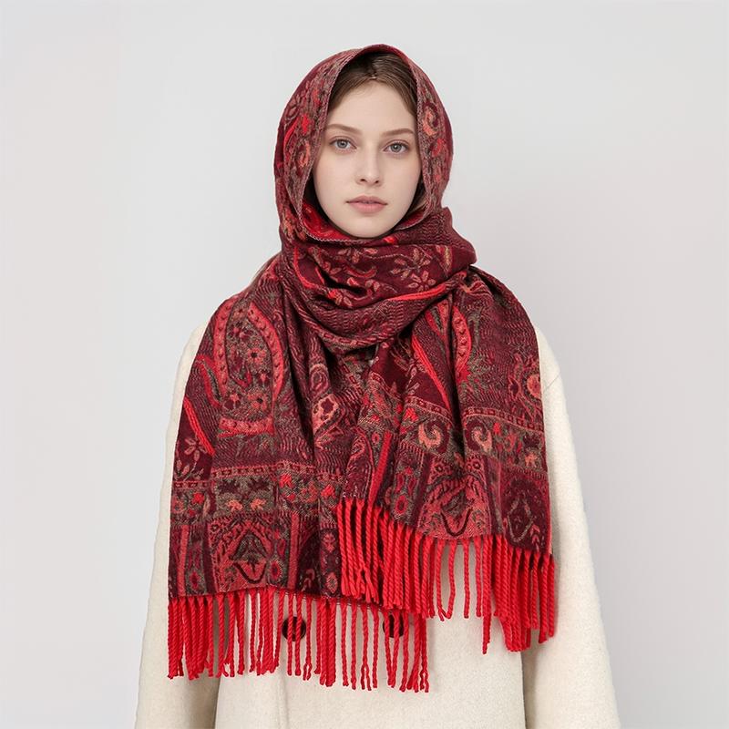 Thick Ethnic Flowers Pashmina Autumn Warm Shawls Tassel Blanket Wrap Cashmere Scarf for Women Poncho Stoles Scarves Bufanda