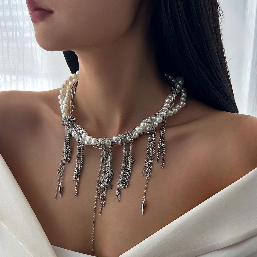 Multi Layered Elegant Imitation Pearl Beaded Necklace Fashion Tassel Chain Heart Pendant Clavicle Necklaces Jewelry Collar Girls Party