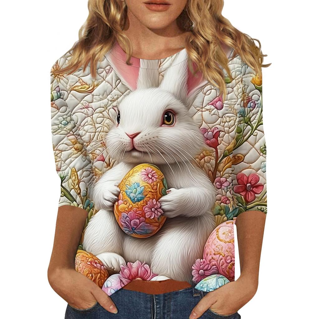 Women's Fashion Loose Casual Seven Sleeve Printed Round Neck Top