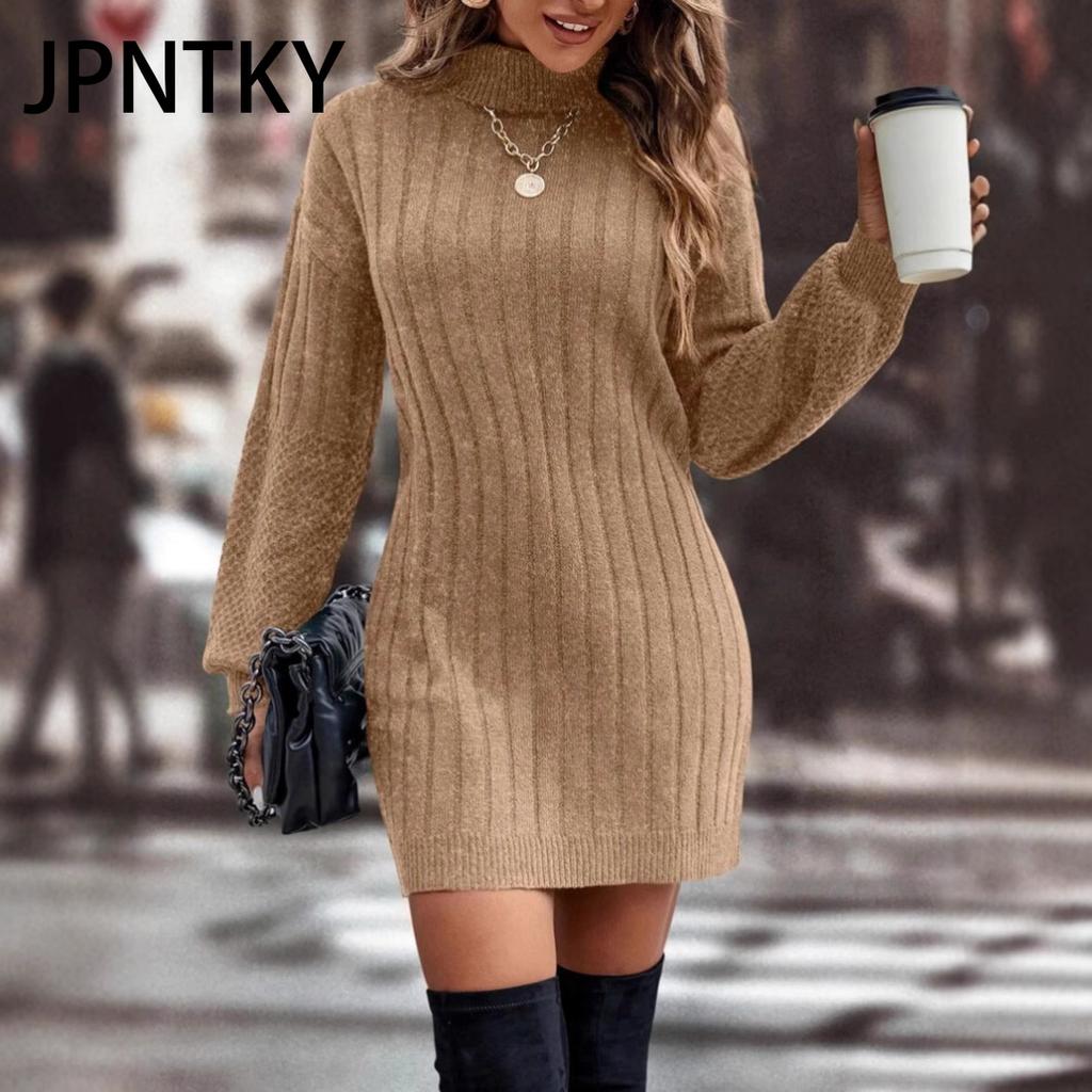 JPNTKY Women's Fashion Casual Autumn Winter Long Sleeve Half Turtleneck Loose Sweaters Dress