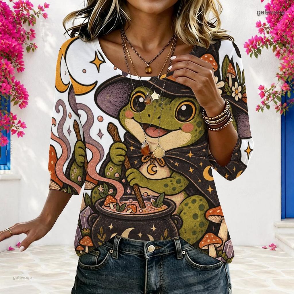 Women Plus Size Round Neck Half Sleeve Loose Halloween Black Cat Pumpkin Printed Blouse