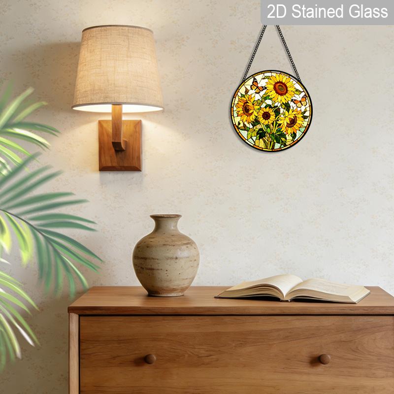 2D Flat Stained Glass Sunflower Window Decoration, 7.87inches Yellow Colored Glass Plate with Chain, Charming Spring Summer Home Decor, Unique