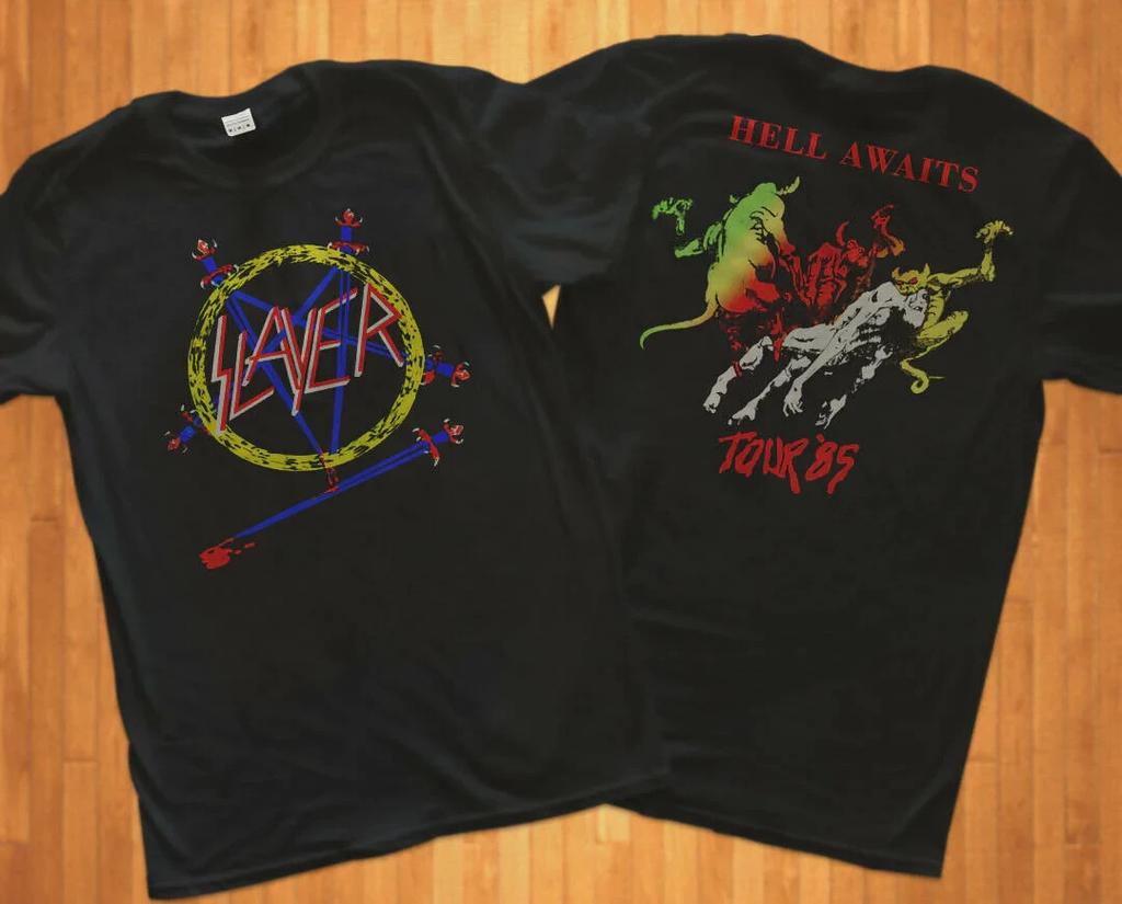 SLAYER TOUR 1985 T-SHIRTHELL AWAITS METAL ROCK THRAS T SHIRT Unisex T-Shirt