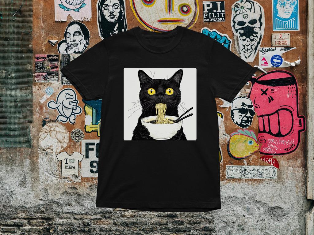 Ramen Cat T-Shirt - Funny Black Cat Eating Noodles