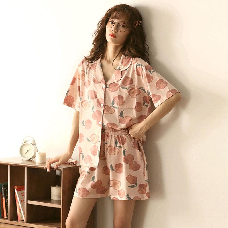 WeChat new short-sleeved pajamas women's summer lapel cute geometric loungewear Japanese and Korean popular shorts set