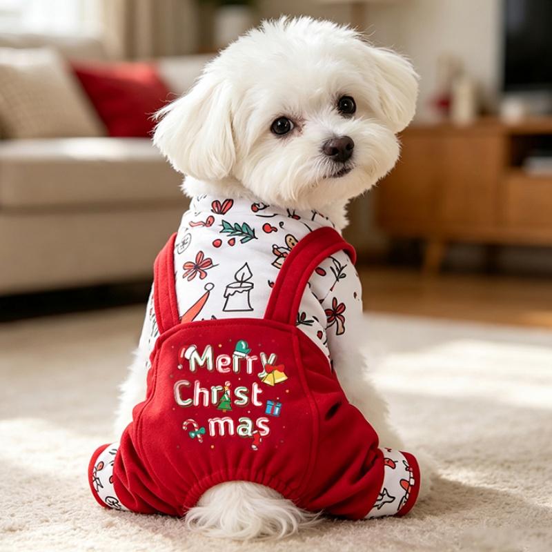 Winter Dog Onesie Fashion Dog Clothes Warm Pet Jacket Cozy Puppy Pajamas X-Mas Print Cat Overalls Pet Jumpsuits Bichon Outfits