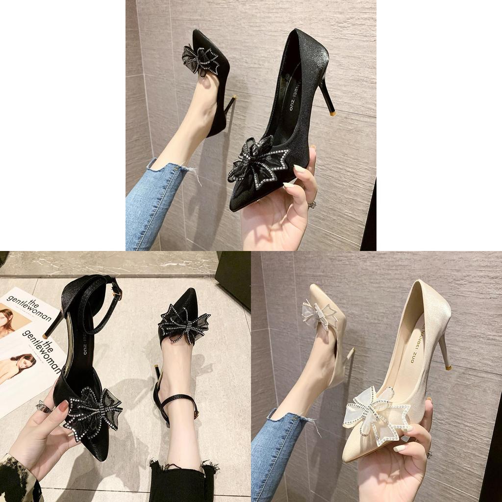 High Heel Shoes For Women With Butterfly Bow Water Dots Leathercombination For Daily Wear
