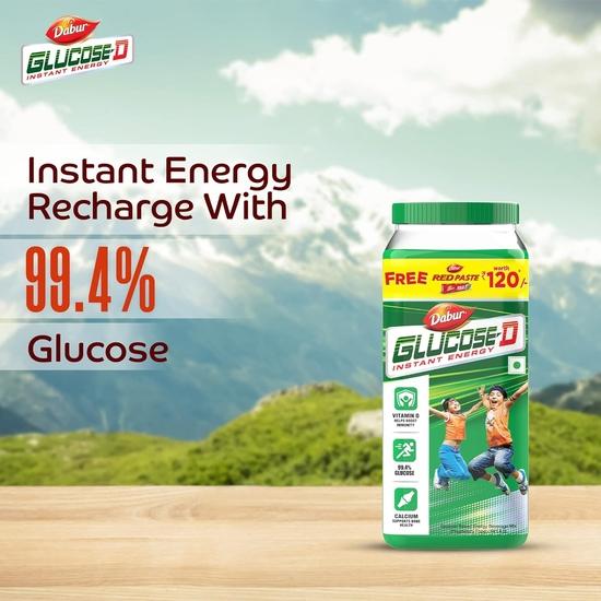 Dabur Glucose-D Juicy & Tasty - 1 кг порошка с красной пастой 200 г бесплатно | Мгновенная подзарядка энергией с 99,4% глюкозой | Витамин D помогает повысить иммунитет