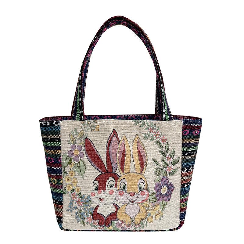 Cartoon Embroidered Canvas Handbag Women's Bag Casual Handbag Office Worker Small Satchel