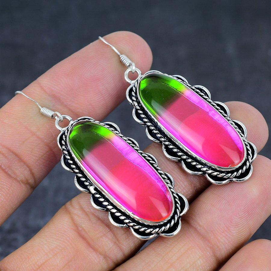 Двухцветный турмалин драгоценный камень 925 стерлинговое серебро ювелирное изделие серьга 2,44"