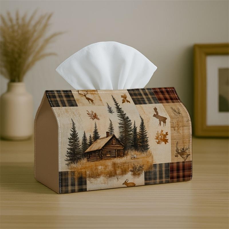 1pc Rustic Lodge Vintage Tissue Holder Featuring Cabin Forest Plaid - Napkin Storage Organizer Suitable for Kitchen, Car, Elegant Decorative Box, Idea