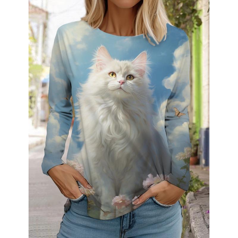 Autumn and Winter Women's Long Sleeve 3D Printed Kitten Cute Print T-Shirt Women's Streetwear Round Neck Long Sleeve
