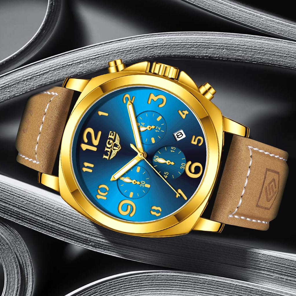 LIGE Luxury Chronograph Waterproof Man Watch Luminous Date Watch for Men Casual Leather Sports Military Men's Quartz Watches+Box