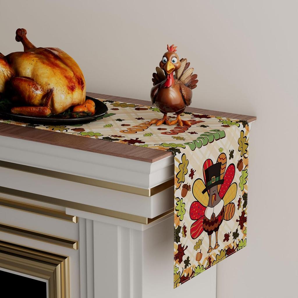XCHI Turkey Maple Leaves Thanksgiving Fall Table Runner Party Table Decoration for Home Kitchen Dining Holiday Decor 13x48 Inch