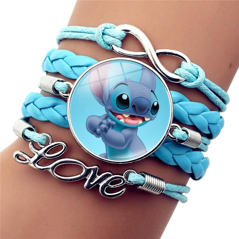 Модный плетеный браслет Stitch синего цвета с мультяшным дизайном из кожи с драгоценными камнями