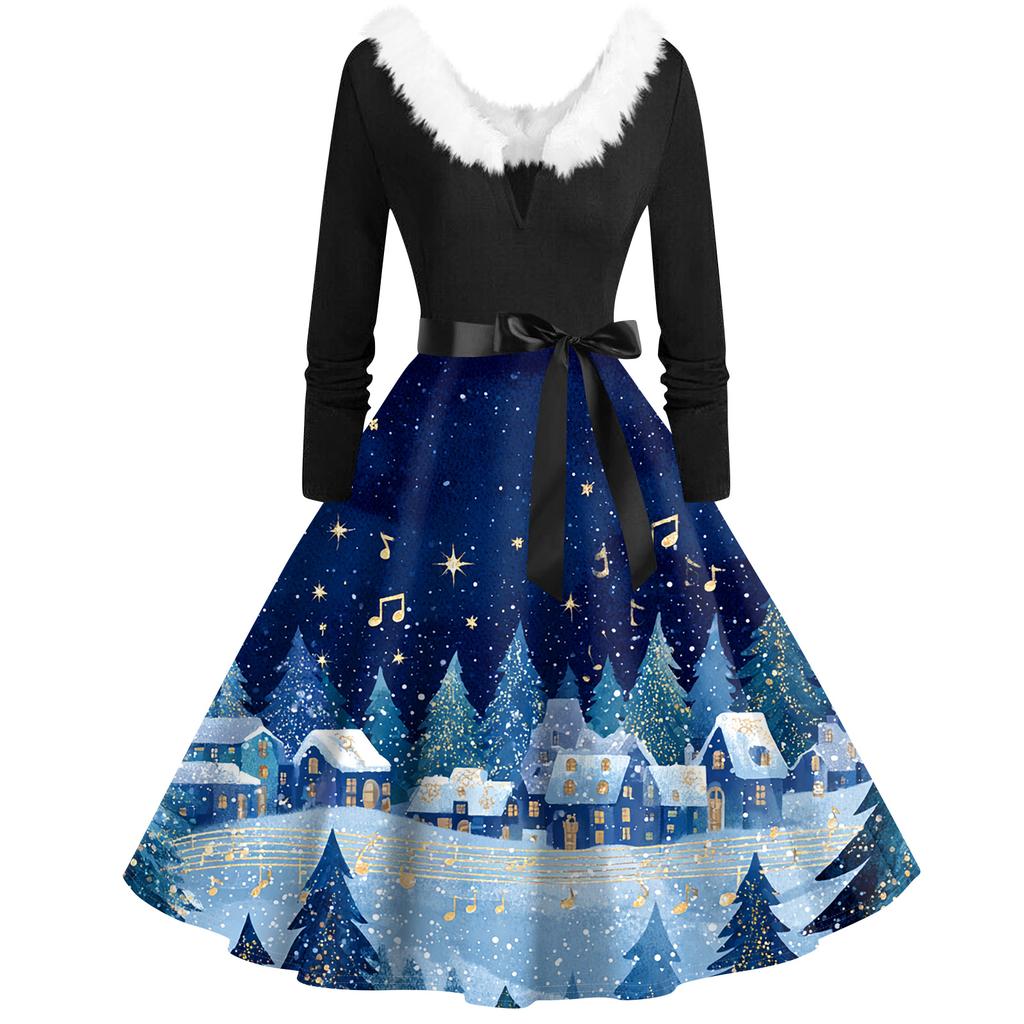 Женская мода с v-образным вырезом, повседневные тонкие рождественские платья с воротником из волос и длинными рукавами с принтом