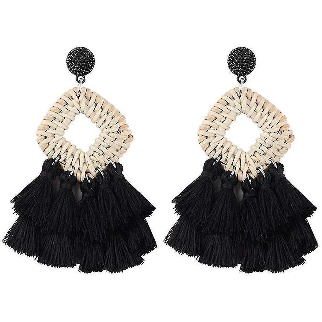 Bohemia Tassel Earrings Statement Handmade Dangle Ethnic Fringe Earrings Bamboo Weaving Geometric Square Sector Gifts For Women Girls