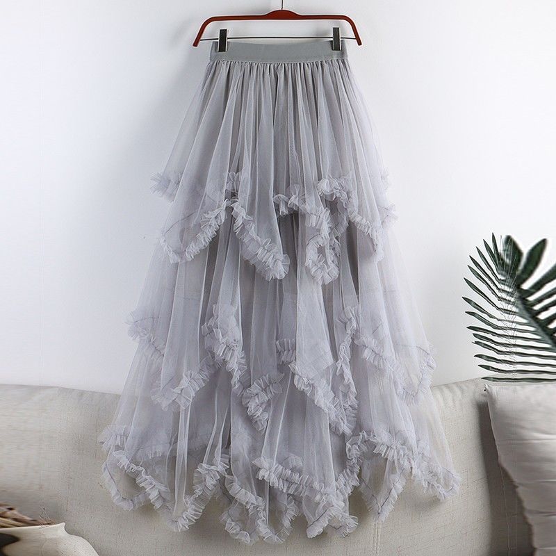 Princess Style Mesh Skirt With Ruffle Hem And High Waist For Summer Casual Wear