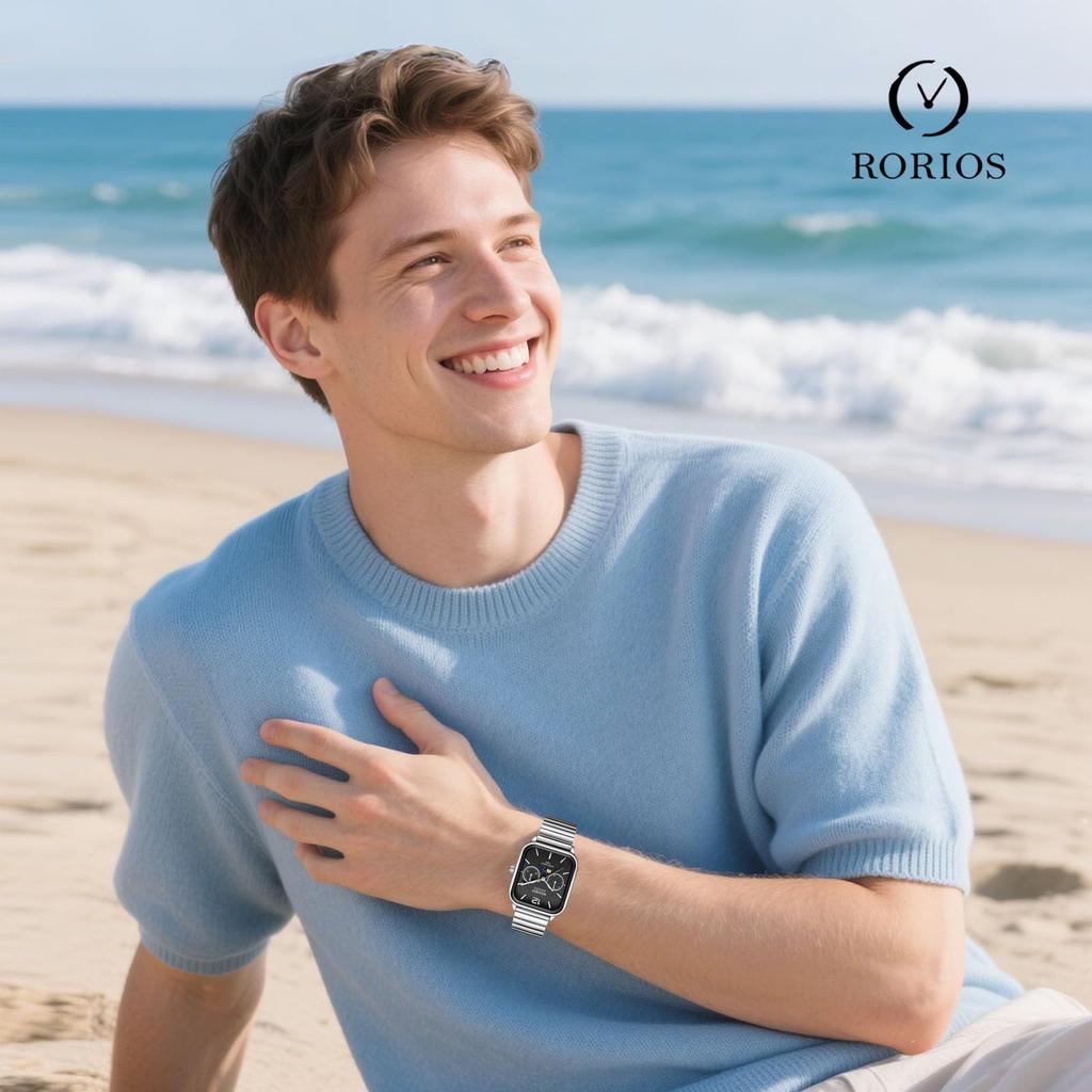 RORIOS Мужские квадратные аналоговые часы с индикацией Солнца, Луны и Звезд, индикацией даты и дня недели, водонепроницаемые, многофункциональные часы с браслетом из нержавеющей стали,