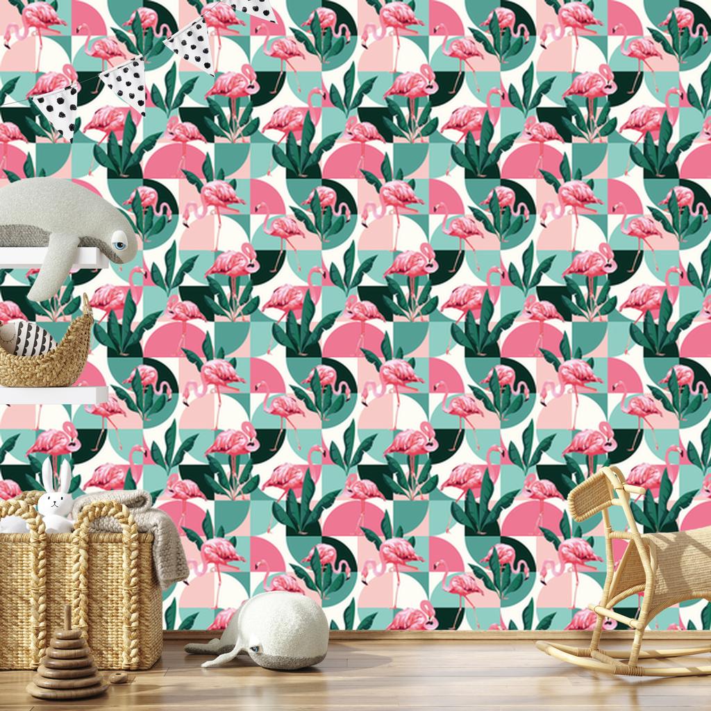 Wallpaper Fashionable pink flamingos and leaves for living room and bedroom 50x1000