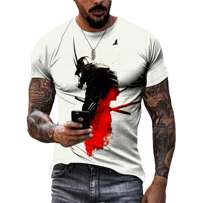Personality Men's Samurai Pattern Print T-shirt Hip-hop Trend Fashion Round Neck Tops Summer New Street Casual Short-sleeve Tees