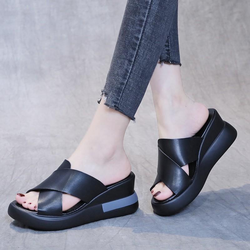 2023 Women's Summer Soft Leather Peep-Toe Wedge Sandals with Thick Soles