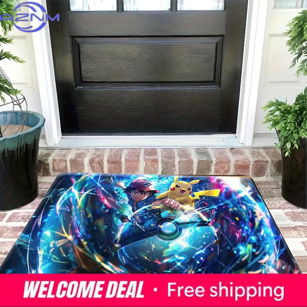 Pokemon Ash and Pikachu Pokeball Adventure Print Non-Slip Doormat, Absorbent Floor Mat for Home Decor