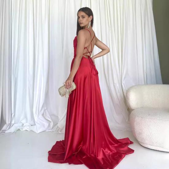 Женское вечернее платье с глубоким вырезом, без воротника, без спинки, без рукавов, платье макси на тонких бретельках, облегающее, с высоким разрезом, однотонное атласное банкетное бальное платье