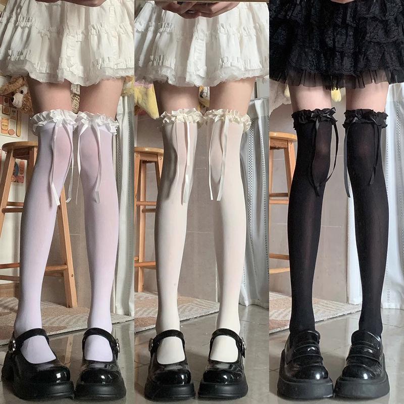 Черные кружевные носки Lolita с бантом, тонкие, летние, выше колена