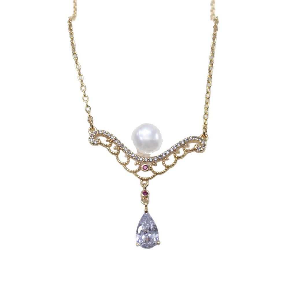 Natural freshwater pearl pendant, palace style chain, pearl collarbone chain, micro inlaid zircon pearl necklace, accessory