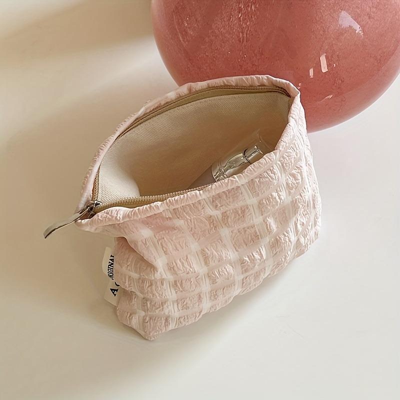 Small Plaid Makeup Bag - Portable Cosmetic Organizer with Multiple Compartments, Hand Washable - White, & Pink for Travel