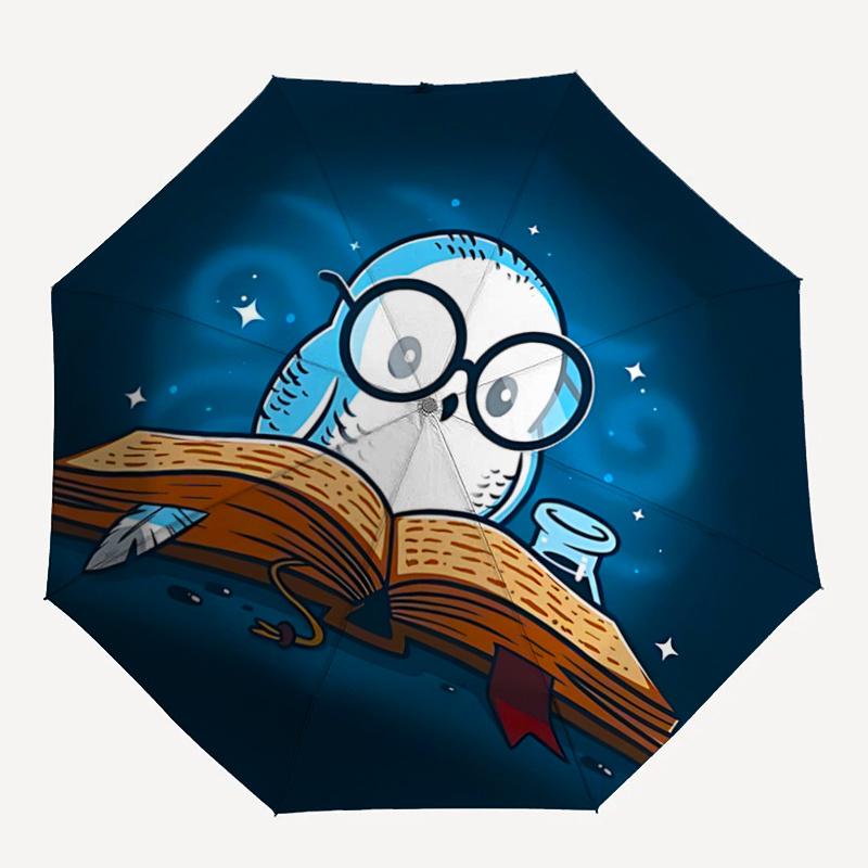 1pc Reading Owl Harry Potter Pattern Automatic 3-Fold Umbrella, 8 Iron Frames, High-Value Folding Umbrella, Suitable for Office, Travel and Outdoor Ad
