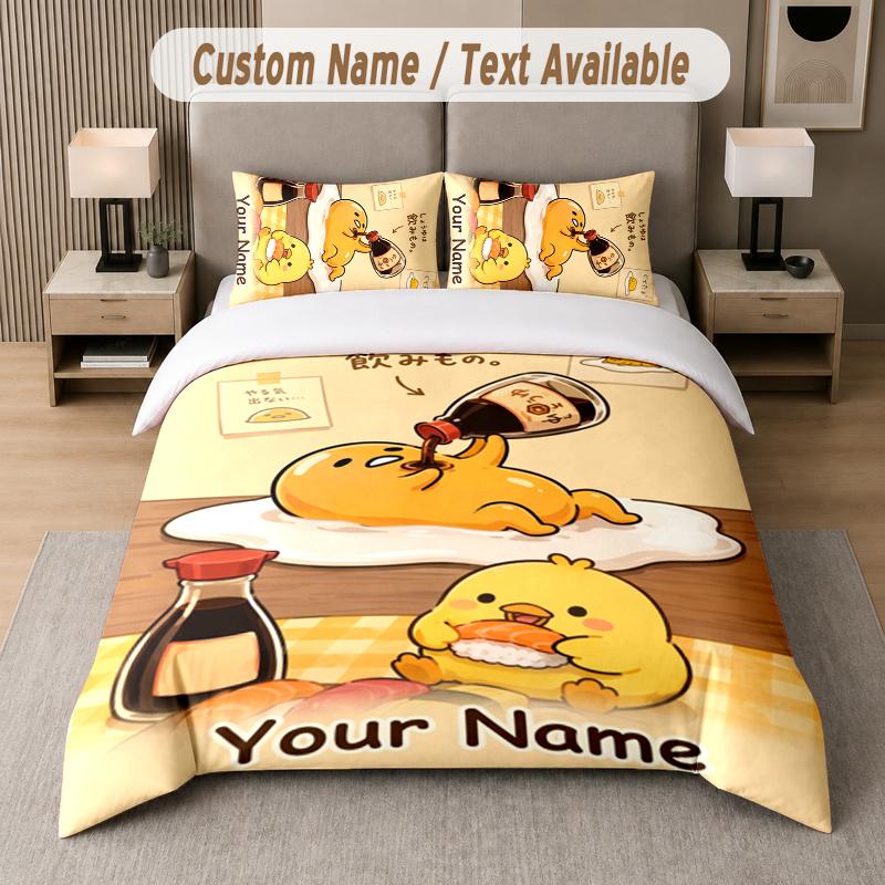 Custom Name Gudetama 3Pcs Duvet Cover Set Personalized Text Bedding Pillowcases Bedroom